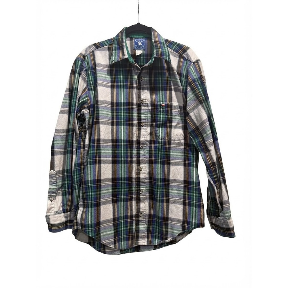 Texas Cotton Mens Plaid Flannel Shirt Medium Blue Green White Made in USA Vtg